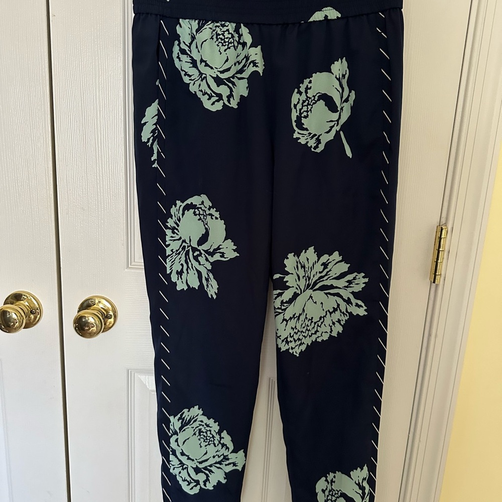 J. Crew Navy and Mint Floral Cropped Pants